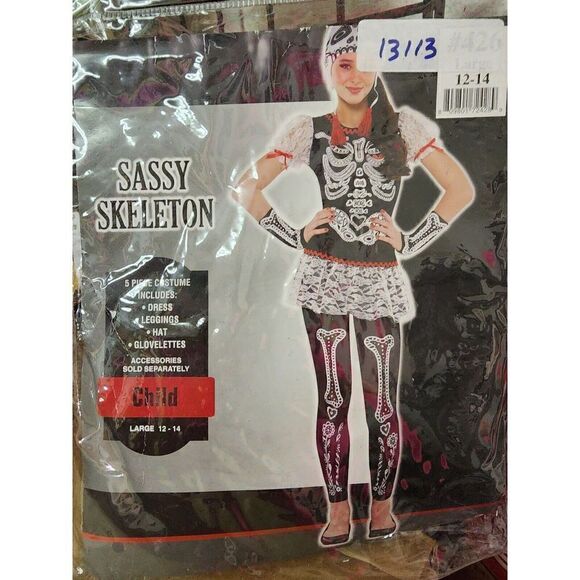Sassy Skeleton Costume Sugar Skull Dia de Los Muertos Kids L 12-14 * Dress Only - Picture 2 of 5